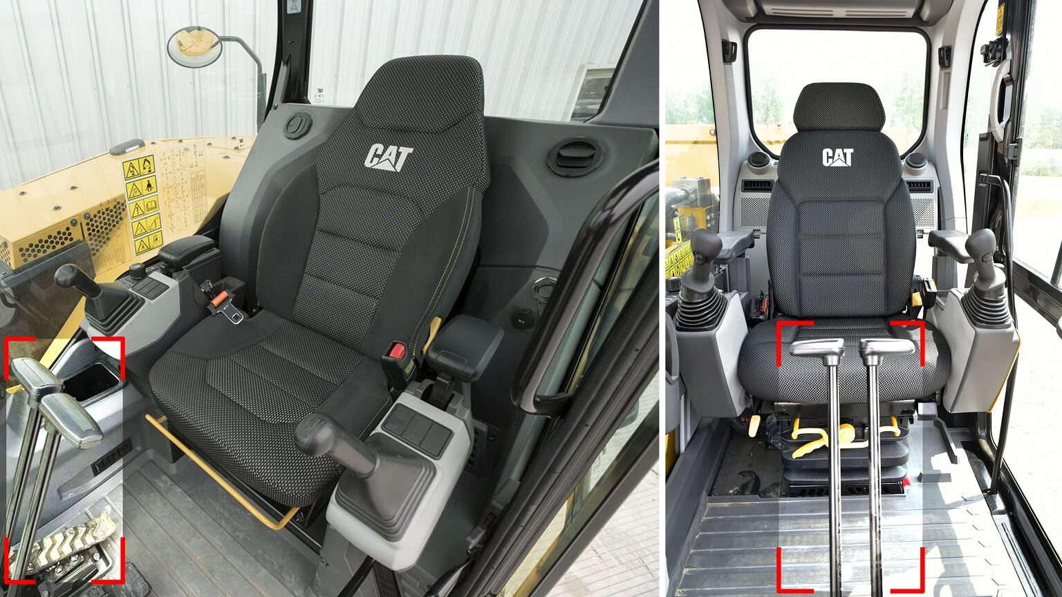 Excavator interior showing mobility & steering controllers