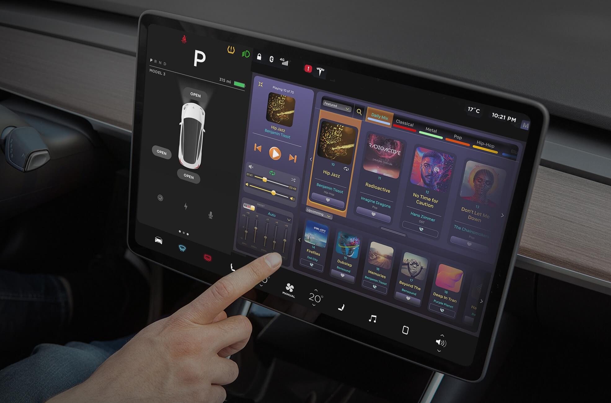 ‘Music on the go’ app - dark mode - Displayed on the vehicle infotainment
